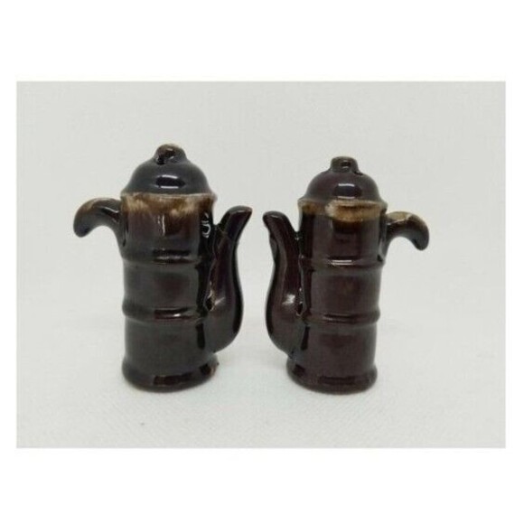 Vintage Teapot TWO SALT Shakers Tea Pots Brown Coffee Kettles VTG 2 Mid Century - Picture 9 of 15